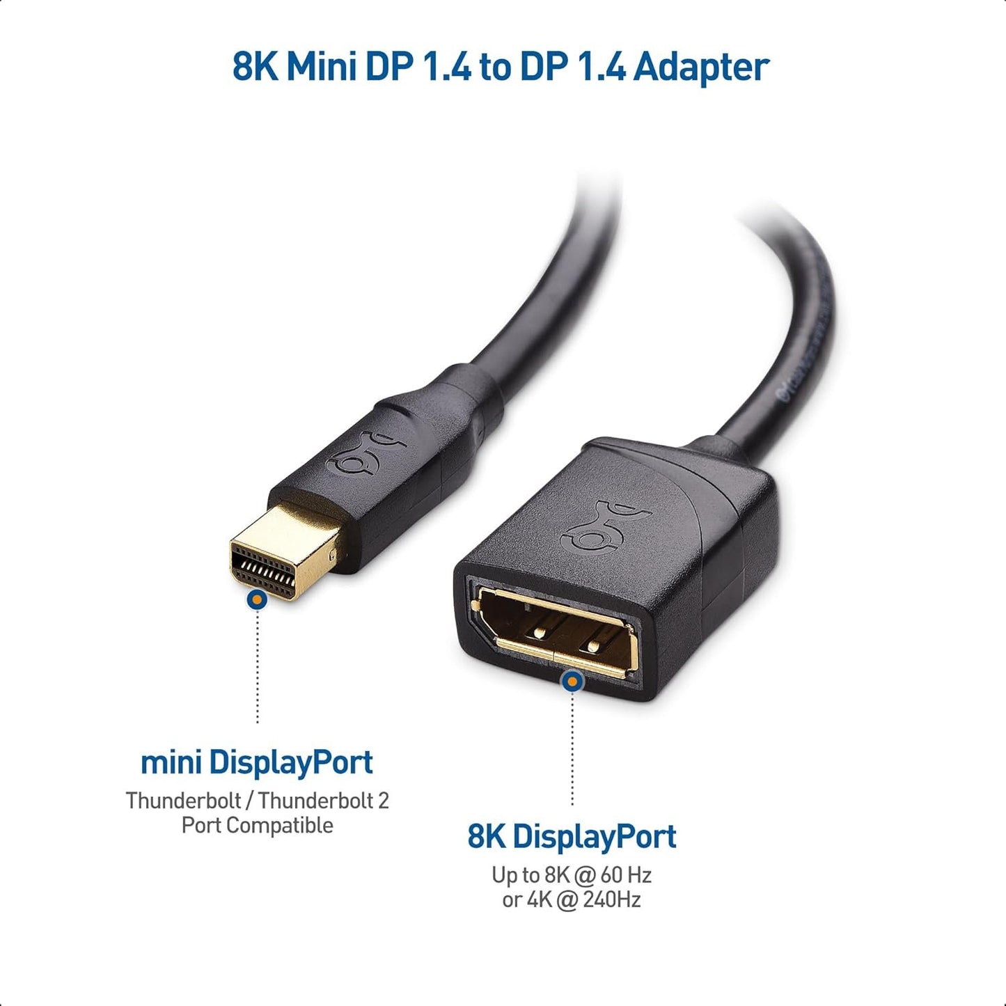 Cable Matters 8K Mini DisplayPort to DisplayPort 1.4 Adapter (Mini DP to DP 1.4) in Black - 8K@60Hz, 4K@120Hz Resolution Ready - Thunderbolt and Thunderbolt 2 Port Compatible
