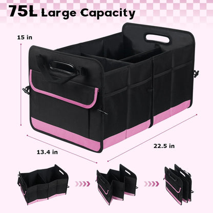 Car Trunk Organizer, 72L Large Capacity Waterproof Auto Storage Organizer with Non-Slip Bottom Strips, Collapsible Cargo Organizer for Suv, Truck, Sedan, Portable Car Accessories for Women Men(Pink)