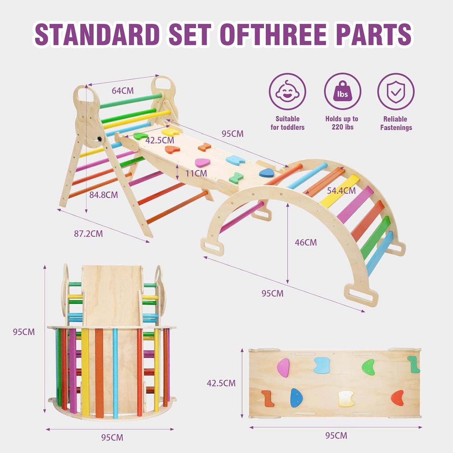 7in1 Rainbow Pikler Triangle Set Foldable Montessori Climber, Wooden Climbing Toys with Sliding Ramp&Arch Rocker for Kids,Climbing Indoor Playground Set for Toddlers