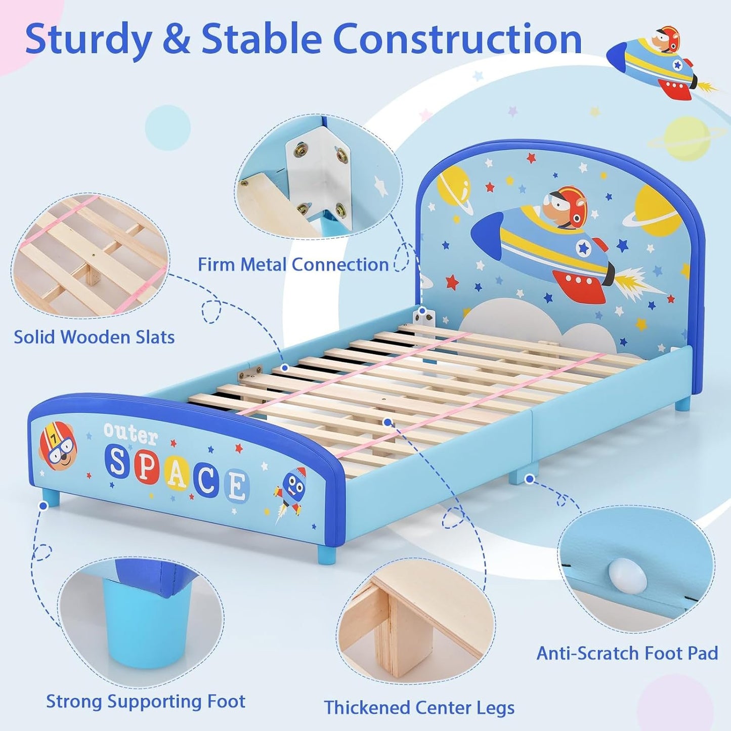 Costzon Twin Bed Frames for Kids, Wood Upholstered Twin Bed Platform with Slat Support, Padded Headboard&Footboard, No Box Spring Needed, Easy Assembly, Fits Standard Twin Mattress (Outer Space)