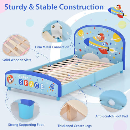 Costzon Twin Bed Frames for Kids, Wood Upholstered Twin Bed Platform with Slat Support, Padded Headboard&Footboard, No Box Spring Needed, Easy Assembly, Fits Standard Twin Mattress (Outer Space)