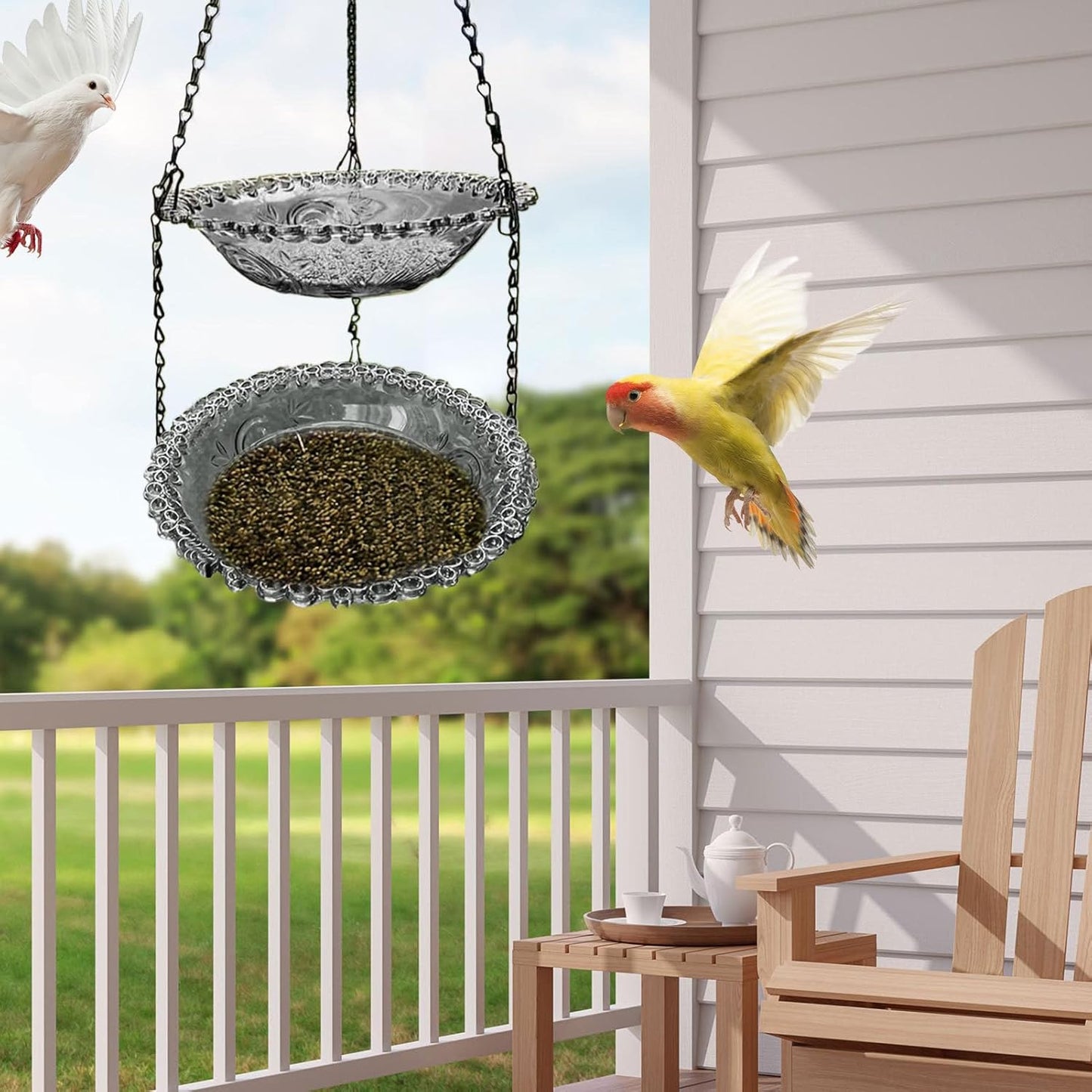 Mangiatoia per uccelli – Vasca per uccelli sospesa – Fontana per uccelli – Ciotola per bere e mangiare per uccelli – Accessorio per gabbia da appendere per giardino, cortile, terrazza, patio
