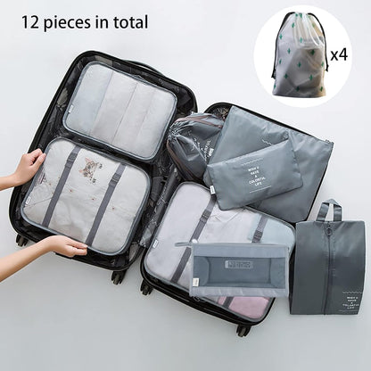 Jikekiroto 12-Piece Travel Organizer Suitcase Set Luggage Packing Set Travel Cubes Packing Organizers Sacks Storage Suitcase Set (Grey)