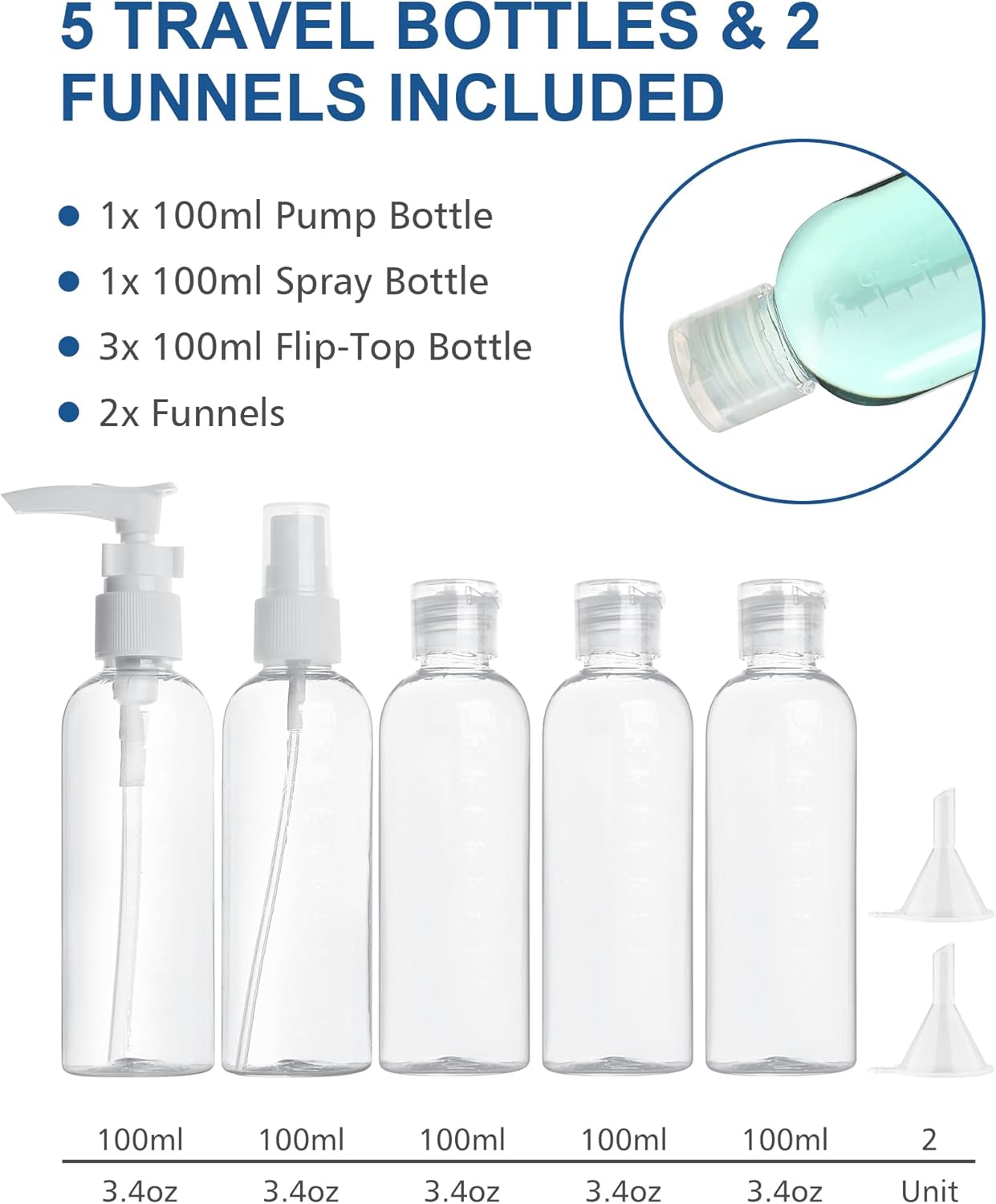 MOCOCITO Transparent Travel Cosmetic Case - Travel Bottles Set for Airplane 5 Pieces 100 ml Liquid Containers, Transparent, Toiletry Bag, for Cosmetics, Black, A