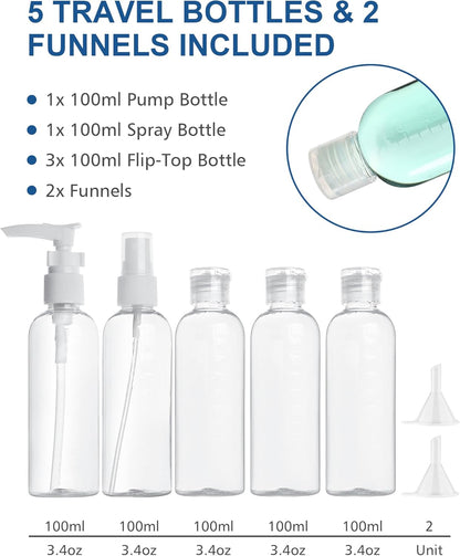 MOCOCITO Transparent Travel Cosmetic Case - Travel Bottles Set for Airplane 5 Pieces 100 ml Liquid Containers, Transparent, Toiletry Bag, for Cosmetics, Black, A