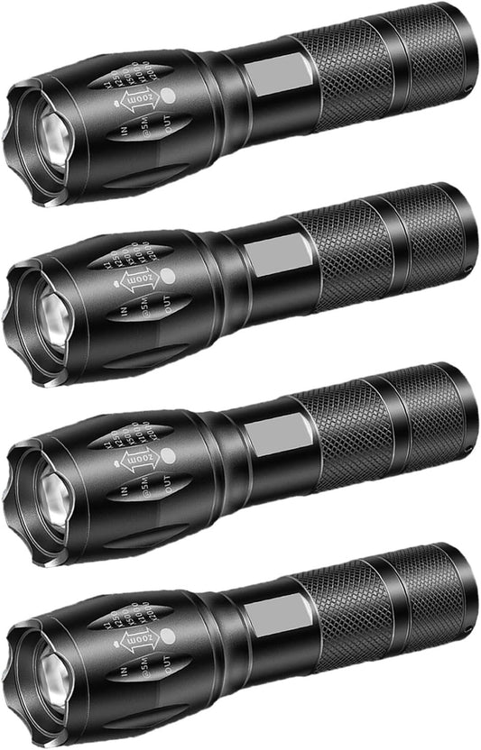 MVIOCS Tactical Flashlight 4 Pack, Bright Zoomable LED Flashlight with High Lumens with 5 Modes, Waterproof Portable Pocket Flash Light for Emergency, Camping, and Outdoor Use