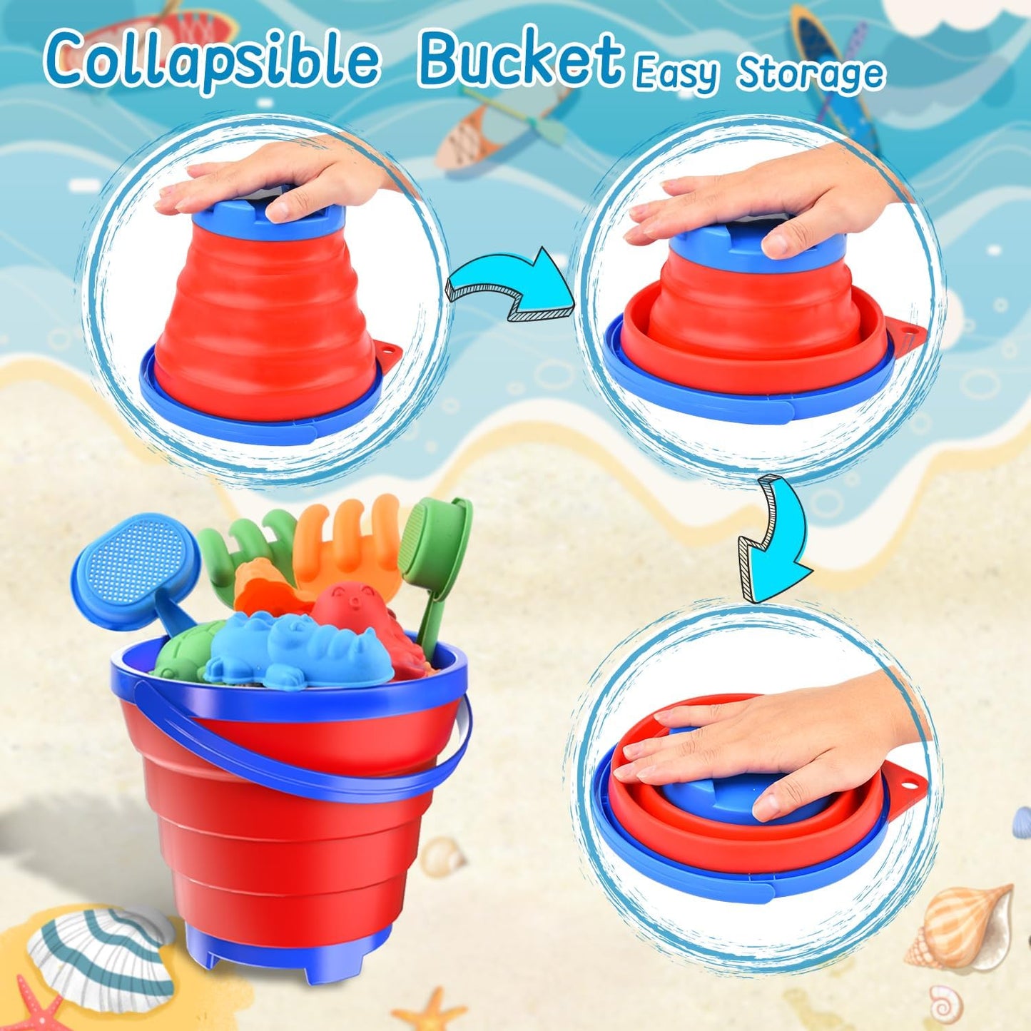 Sand Beach Toys for Kids, 3PCS Collapsible Sand Bucket, Shovel Set, Animal Molds with Big Mesh Bag, Travel Toys forToddlers Boys Girls Outdoor Beach Play Camping Bath Pool Water Play-14PCS