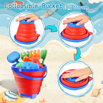 Sand Beach Toys for Kids, 3PCS Collapsible Sand Bucket, Shovel Set, Animal Molds with Big Mesh Bag, Travel Toys forToddlers Boys Girls Outdoor Beach Play Camping Bath Pool Water Play-14PCS
