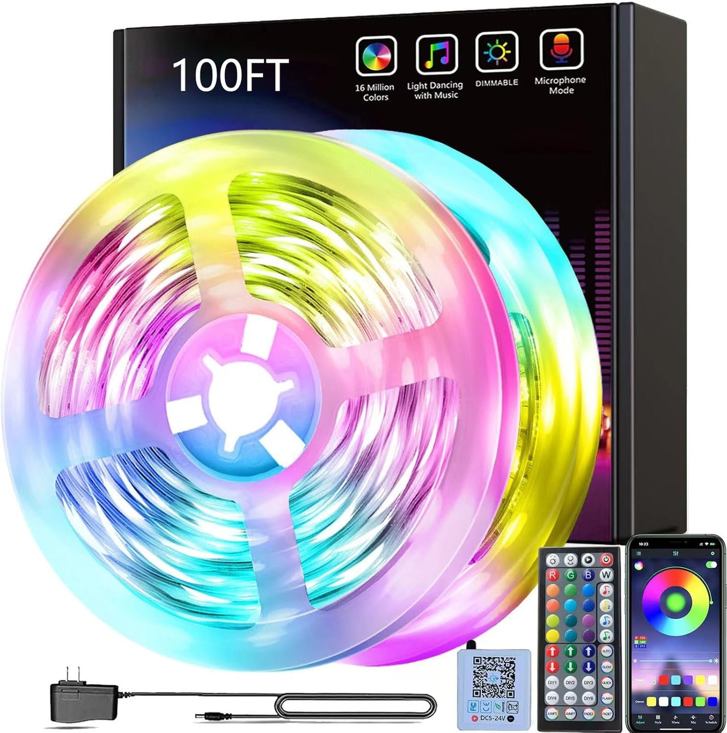 smareal Led Lights Strip for Bedroom 100ft（2Rools of 50ft）, Smart APP Control Music Sync Led Strip Lights RGB Color Changing Led Lights Strips with Remote Led Lights for Bedroom Kitchen and Party