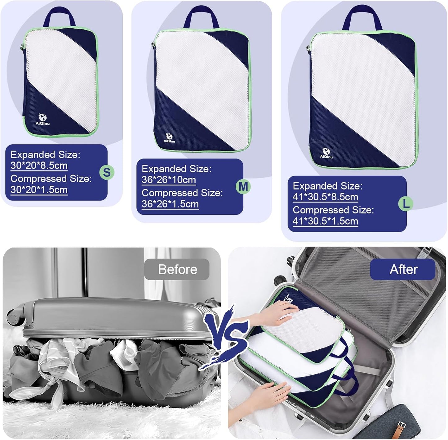 AiQInu 3 Piece Set Expandable Expandable Compression Packing Cube for Clothes, Shoes, Underwear Travel Set for Backpacks or Hand Luggage (Dark Blue)