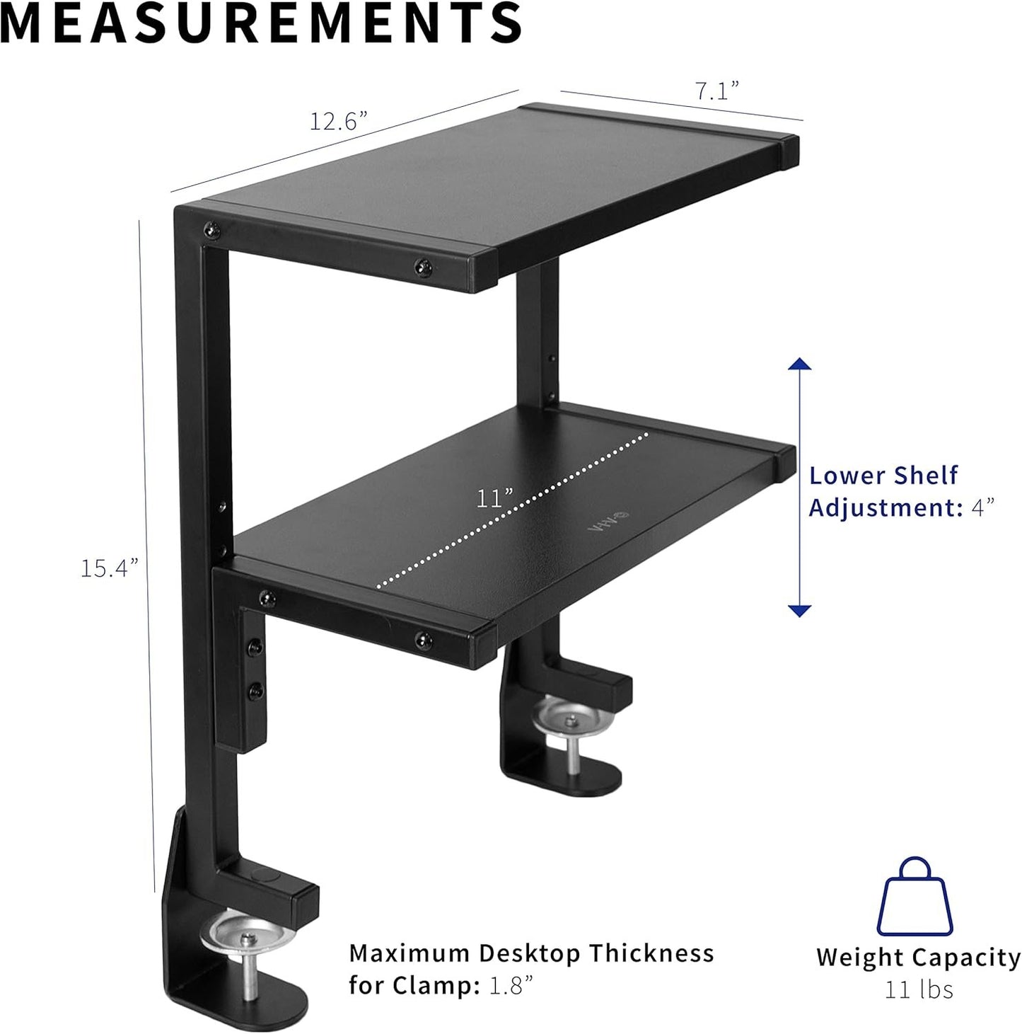 VIVO Clamp-on 33cm Above or Below Desk 2-Tier Shelving Unit for Table Accessories, Gaming Devices, and More, Storage Tray, Desktop Organizer, Black, STAND-SHELF2C
