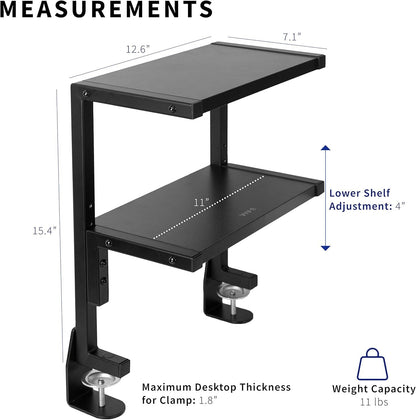VIVO Clamp-on 33cm Above or Below Desk 2-Tier Shelving Unit for Table Accessories, Gaming Devices, and More, Storage Tray, Desktop Organizer, Black, STAND-SHELF2C