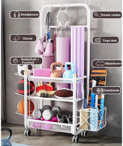 NOAEOU Home Gym 3-Tier Storage Shelf with Storage basket & Exercise Ball Rack, Weight Rack for Dumbbells Kettlebells and chute board, Yoga Mat Storage Rack with Sturdy and Lockable Casters