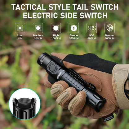 Wurkkos FC12C Tactical Flashlight 1600 High Lumens, USB-C Rechargeable LED Flashlights, 332M Long Throw Flash Light, IP68 Waterproof, Dual Switches and Constant Current Circuit for Searching, Hunting
