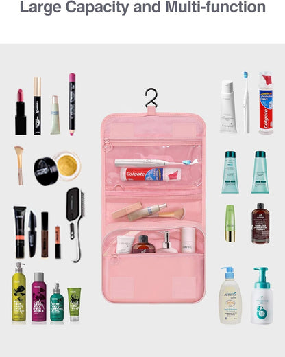 Luxtude Travel Toiletry Bag with Hanging Hook, Makeup Cosmetic Bag Travel Organizer for Hygiene Accessories, Shampoo, Full Sized Container, Toiletries, 4 Refillable Travel Bottles are included (Pink)