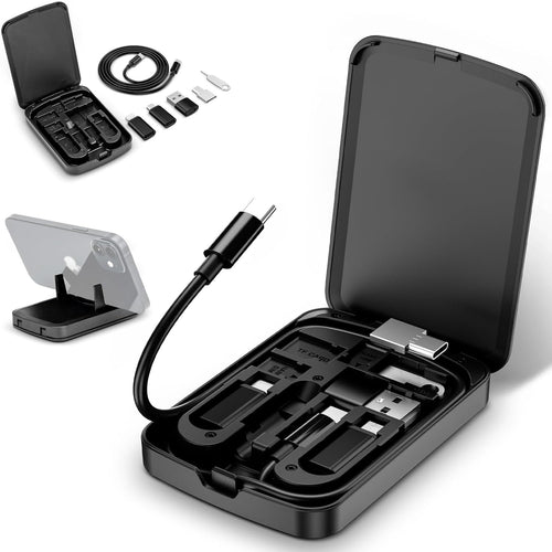 Multi-Functional Compact Cable Card with 22" USB-C Cable & USB-A/Micro-USB/Light/OTG USB Adapter Kit Cable Convertor Storage Box for Traveling Phone Pad Charging PC Computer Data Transfer