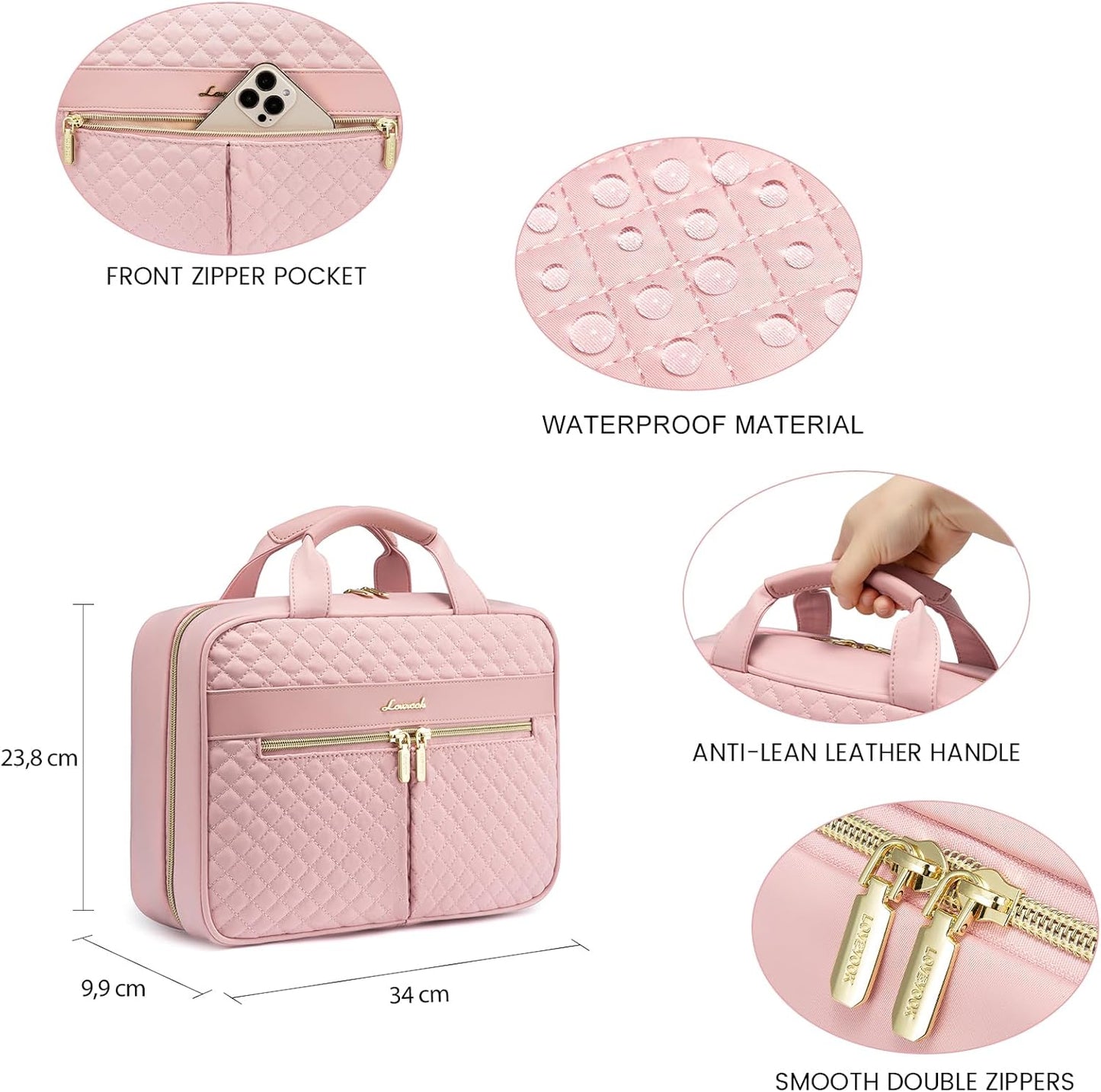 LOVEVOOK Women's Travel Toiletry Bag, Waterproof Makeup Bag Necessary High Capacity Travel Makeup Bag Useful Accessories with Hook, pink
