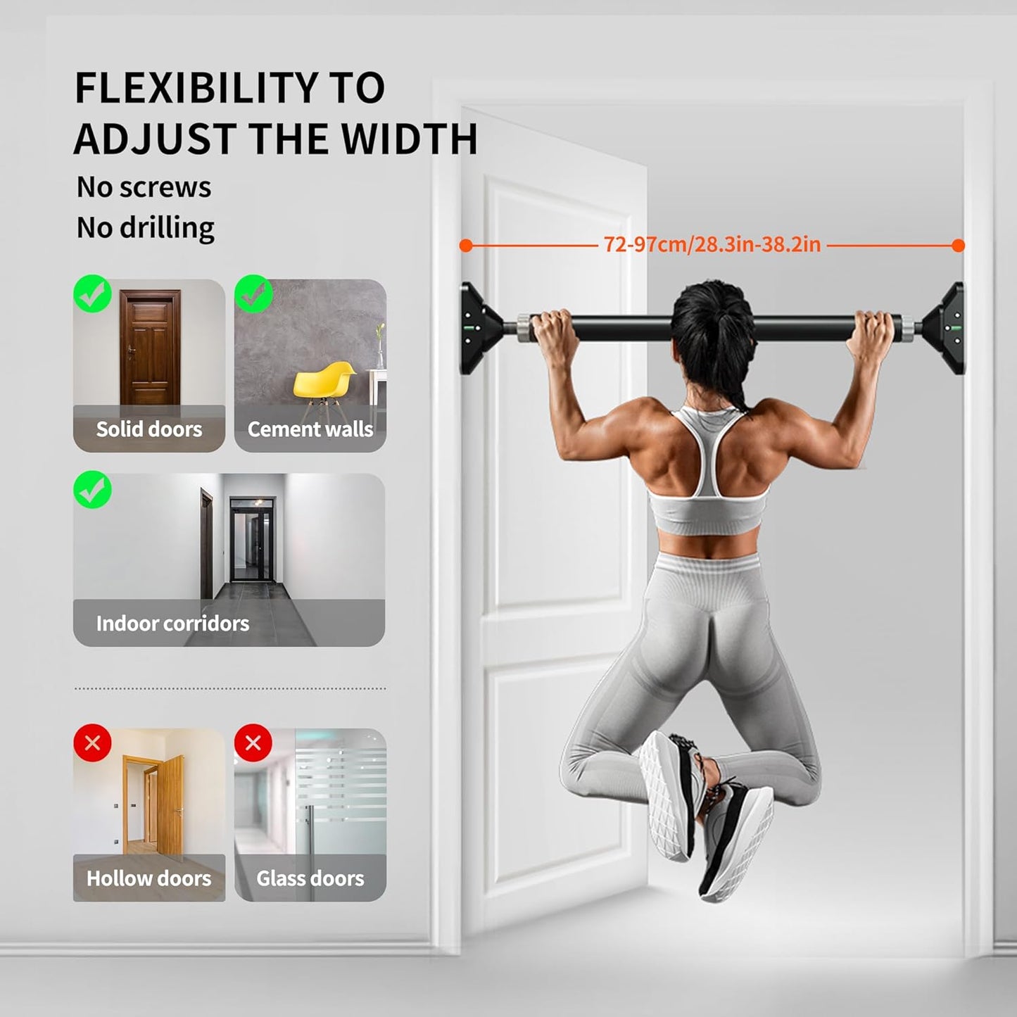 PROIRON Pull Up Bar for Doorway Strength Training Chin up Bar without Screws Adjustable 72cm-97cm Width Locking Mechanism for Home Gym Exercise Fitness with Level Meter, Max Load Bearing 200kg