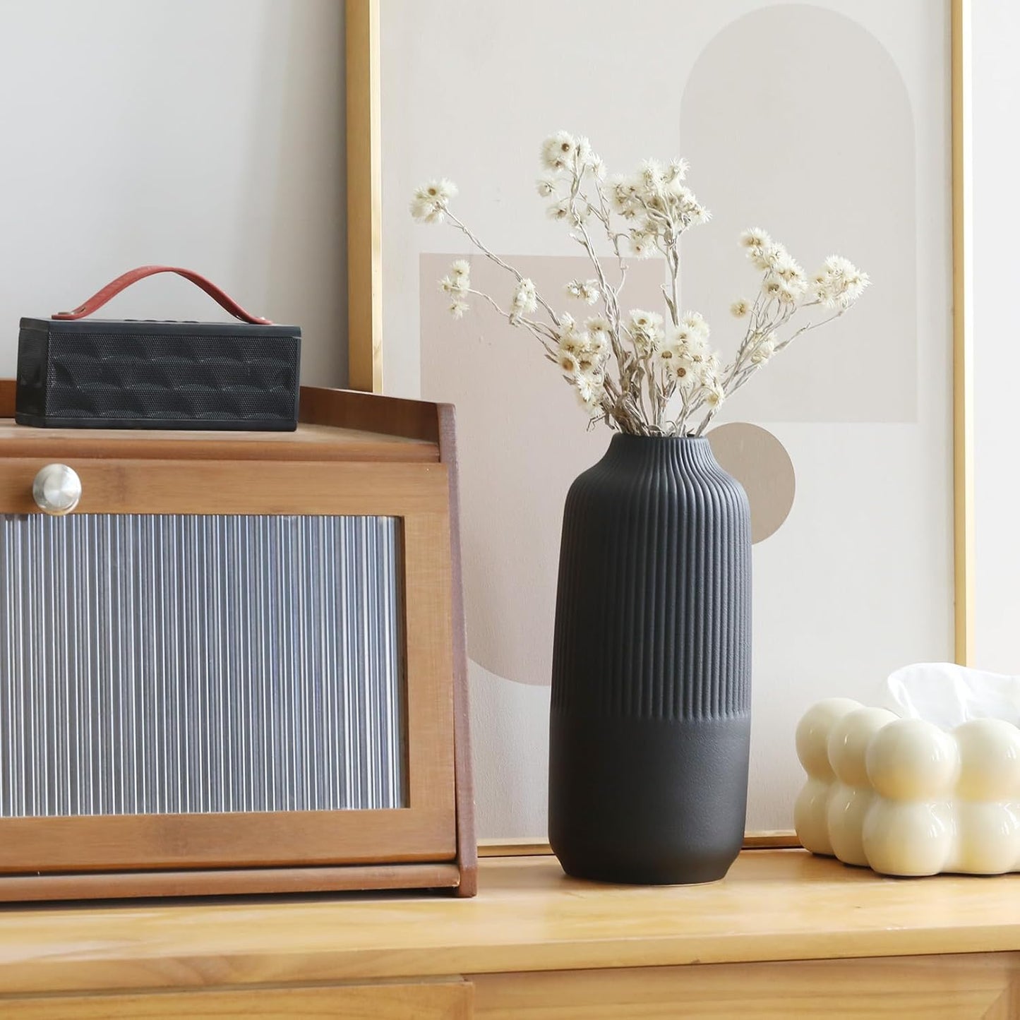 Matte Black Vase Textured Vase Ceramic Minimalist Fluted Vase Decor Modern Ribbed Flower Vases for Home Living Room, Office, Centerpiece and Wedding