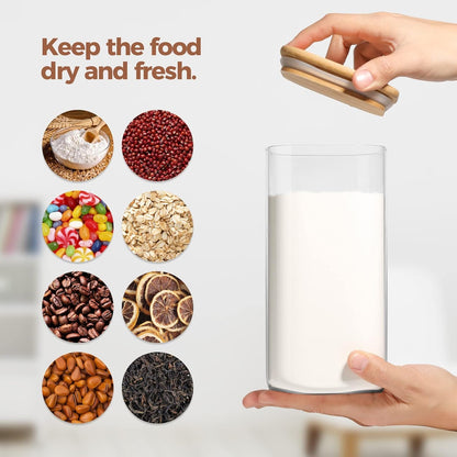 ComSaf Airtight Glass Storage Canister with Bamboo Lid 700/1100/1500ml Set of 6, Clear Food Storage Container Kitchen Pantry Storage Jar for Flour Cereal Sugar Tea Coffee Beans Snacks, Square