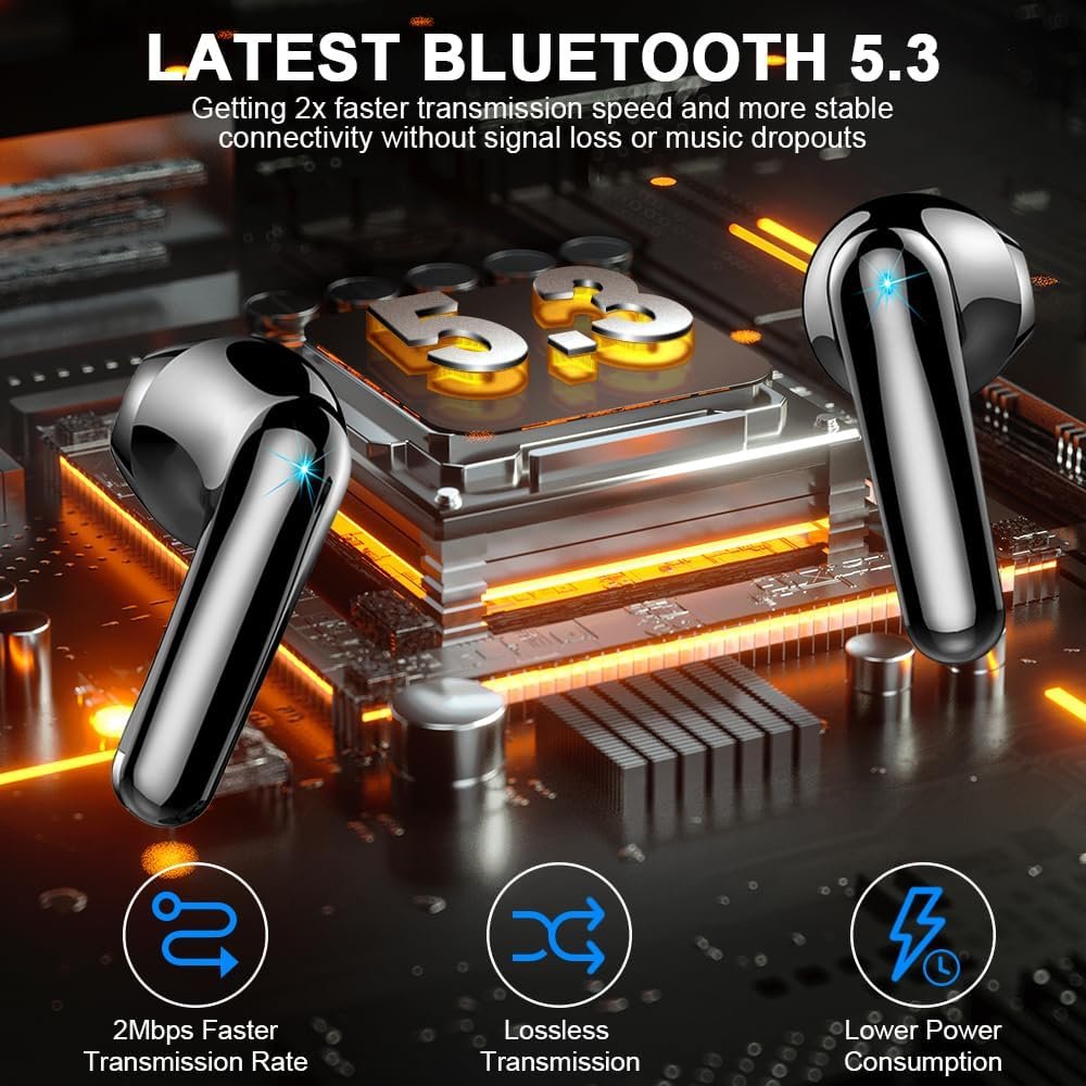 Wireless Earbuds, 2024 Bluetooth 5.4 Headphones-Deep Bass Stereo Ear Buds with ENC Noise Canceling Mic, 50Hrs Bluetooth Earbuds-Clear Call/LED Displays, IP7 Waterproof Earphones Wireless Android-Black