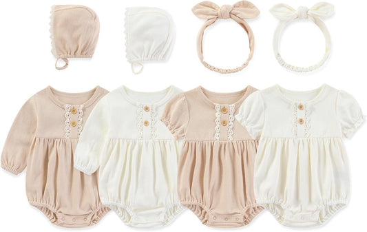 MAMIMAKA Newborn Baby Girl Clothes Cotton Bubble Rompers Infant Outfit Floral Long Short Sleeve Bodysuits, 4 Pack