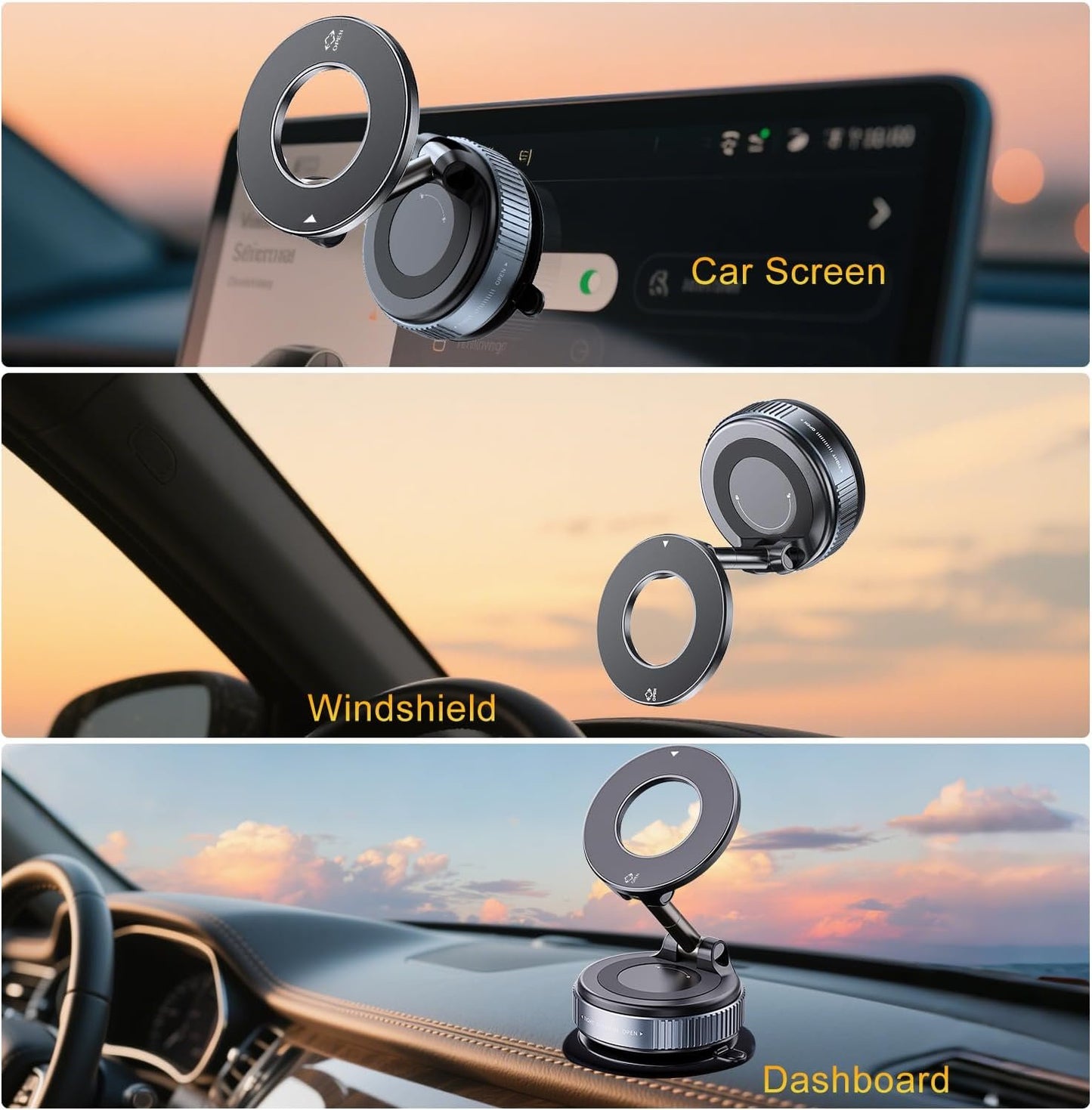 Jkoailiwi 360° Adjustable Vacuum Magnetic Suction Car Phone Holder, Swivel Locking Vacuum Phone Mount, Suction Cup Magnetic Cell Phone Holder Compatible with iPhone 16 Pro Max, Black