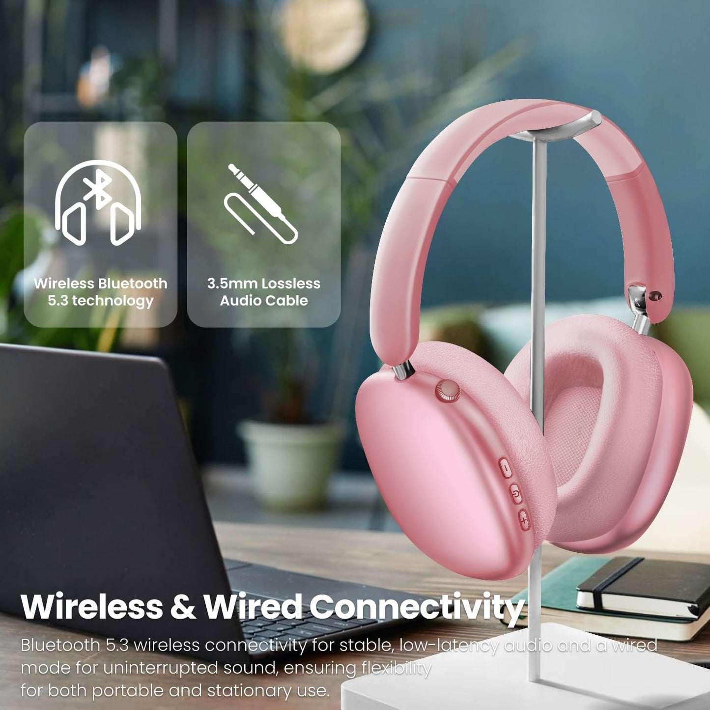 Wentronic Y01 Wireless Over Ear Headphones, Noise Canceling Bluetooth 5.3 Headphones with Microphones,Hi-Res Audio,48H Playtime,Foldable,Breathable Soft Earpads for iOS/Android/Samsung/PC-Pink