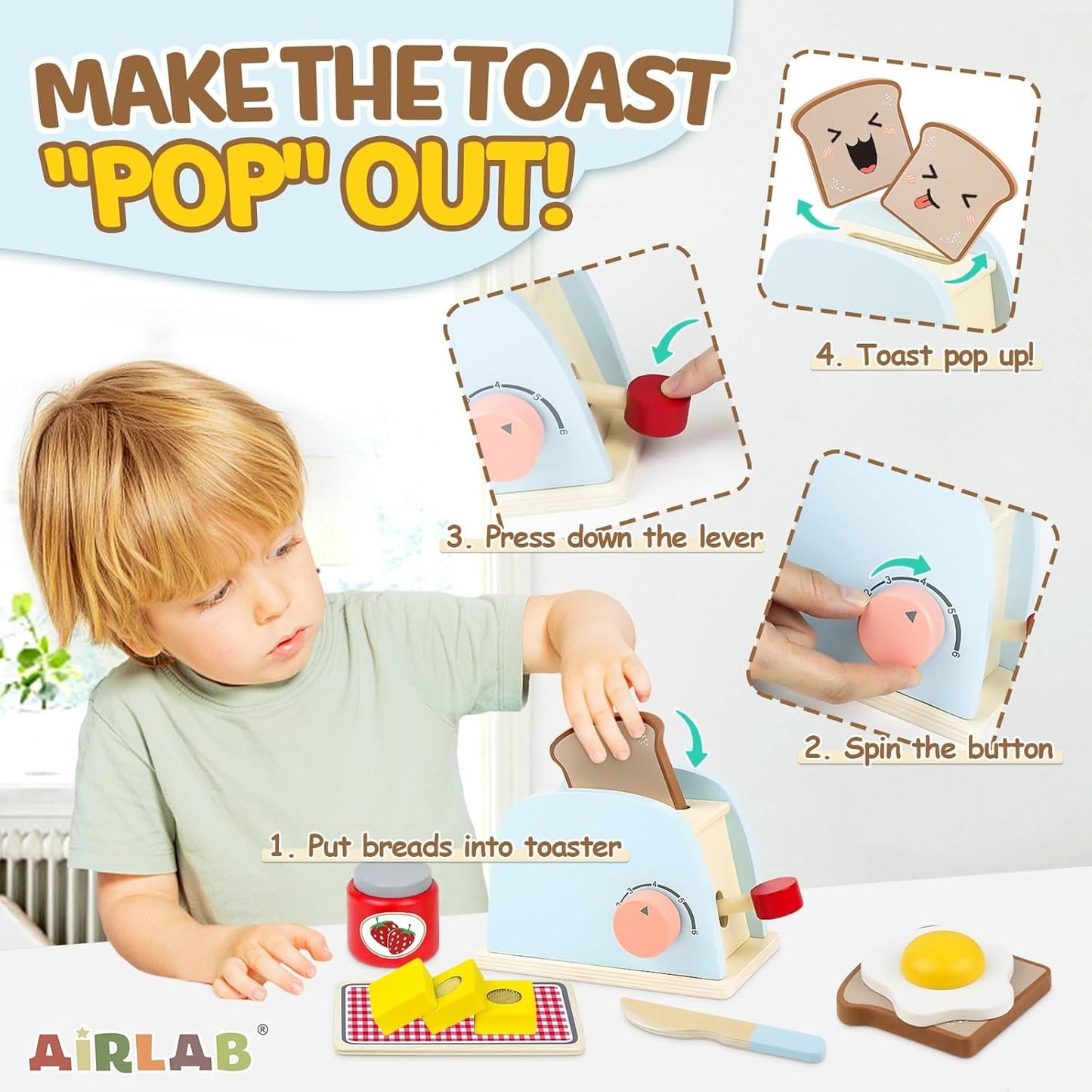 Airlab Wooden Pop-up Toaster Toy Set for Kids Play Kitchen Accessories Play Food Bread, Egg, Butter Pretend Cutting Toys Toddlers Gift for 3 4 5 Year Old Boys Girls