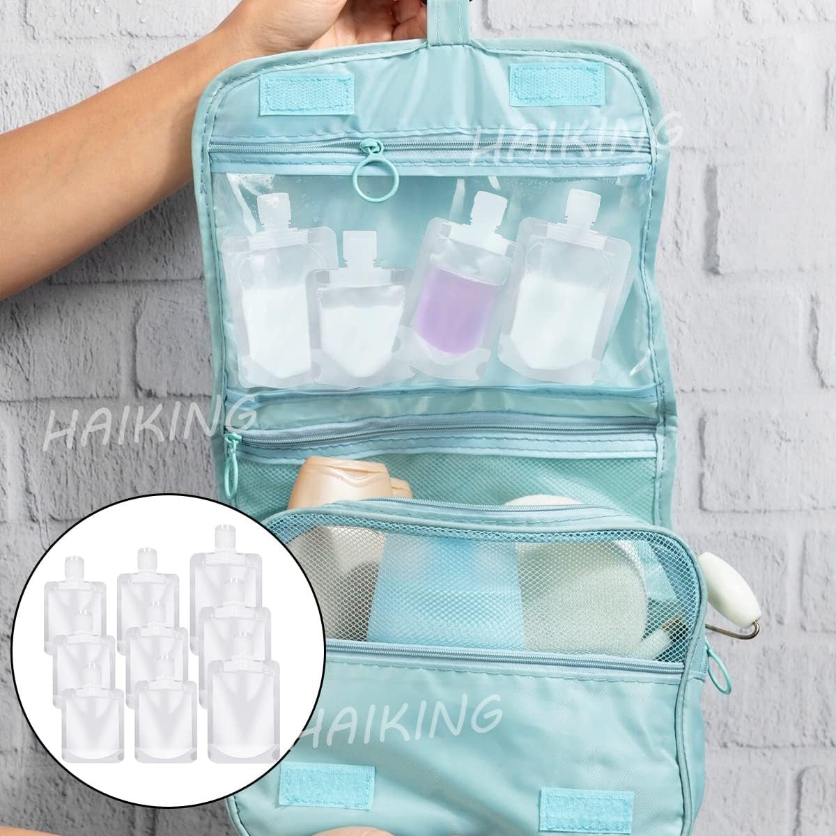 HAIKING Travel Bottles Cosmetic Packaging Bags, 9 Pcs Refillable Travel Pouches for Shampoo, Lotion, Toner (3 Sizes)