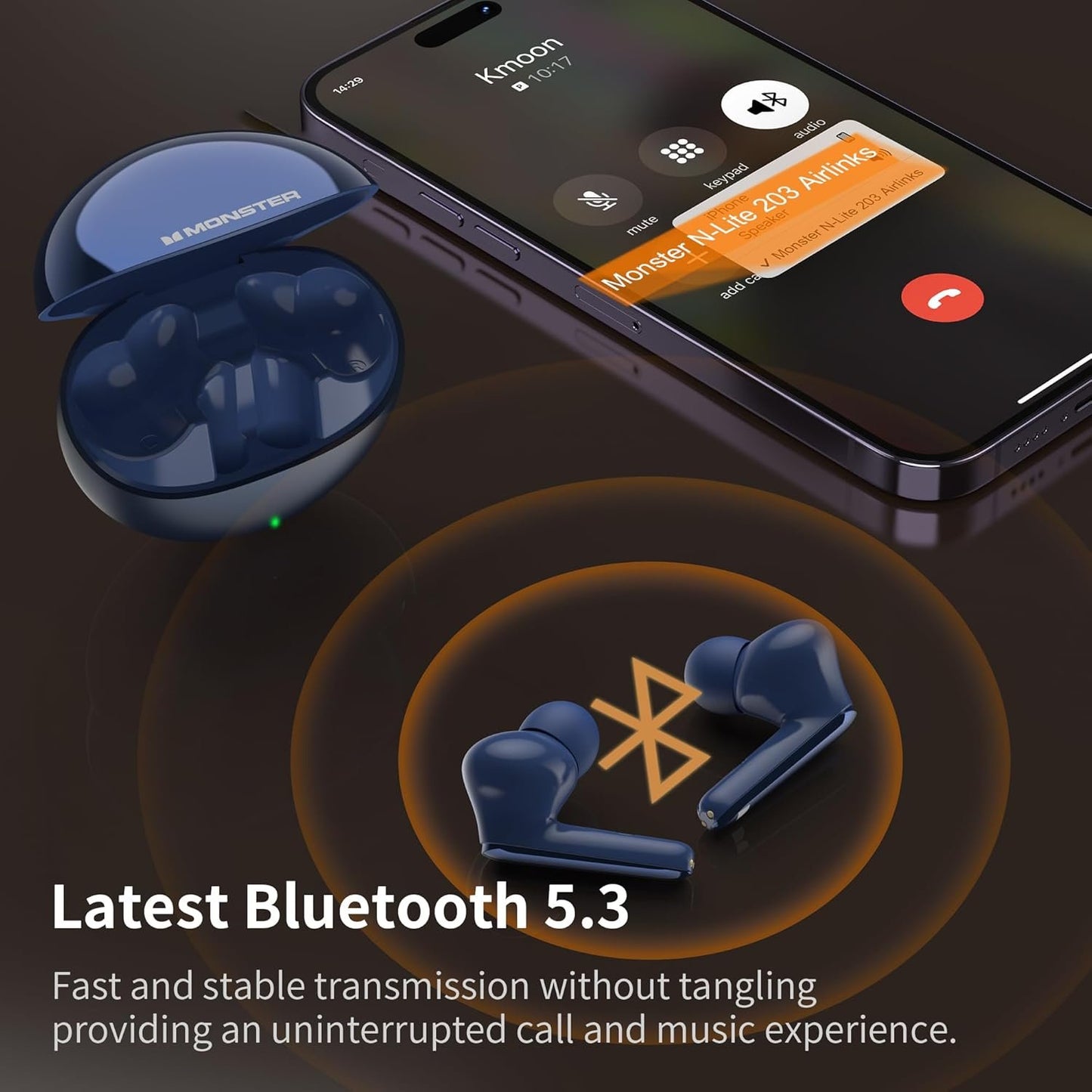 Monster N-Lite 203 AirLinks Wireless Earbuds, Bluetooth 5.3 Headphones with 30H Playback, Type-C Charging, HD Clear Call, IPX6 Waterproof in-Ear Earbuds
