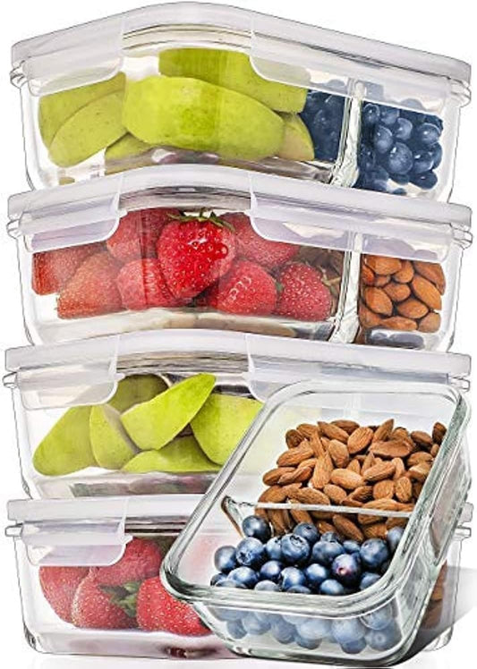 [5-Pack] Airtight Glass Containers Food Storage - Leakproof Glass Meal Prep Containers with Lids - Glass Lunch Containers Set (27 Ounce 2 Compartment)