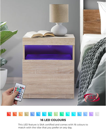 Oikiture Bed Side Table with LED Light Open Shelf and Storage Cabinet Wooden Bedside Table Nightstand