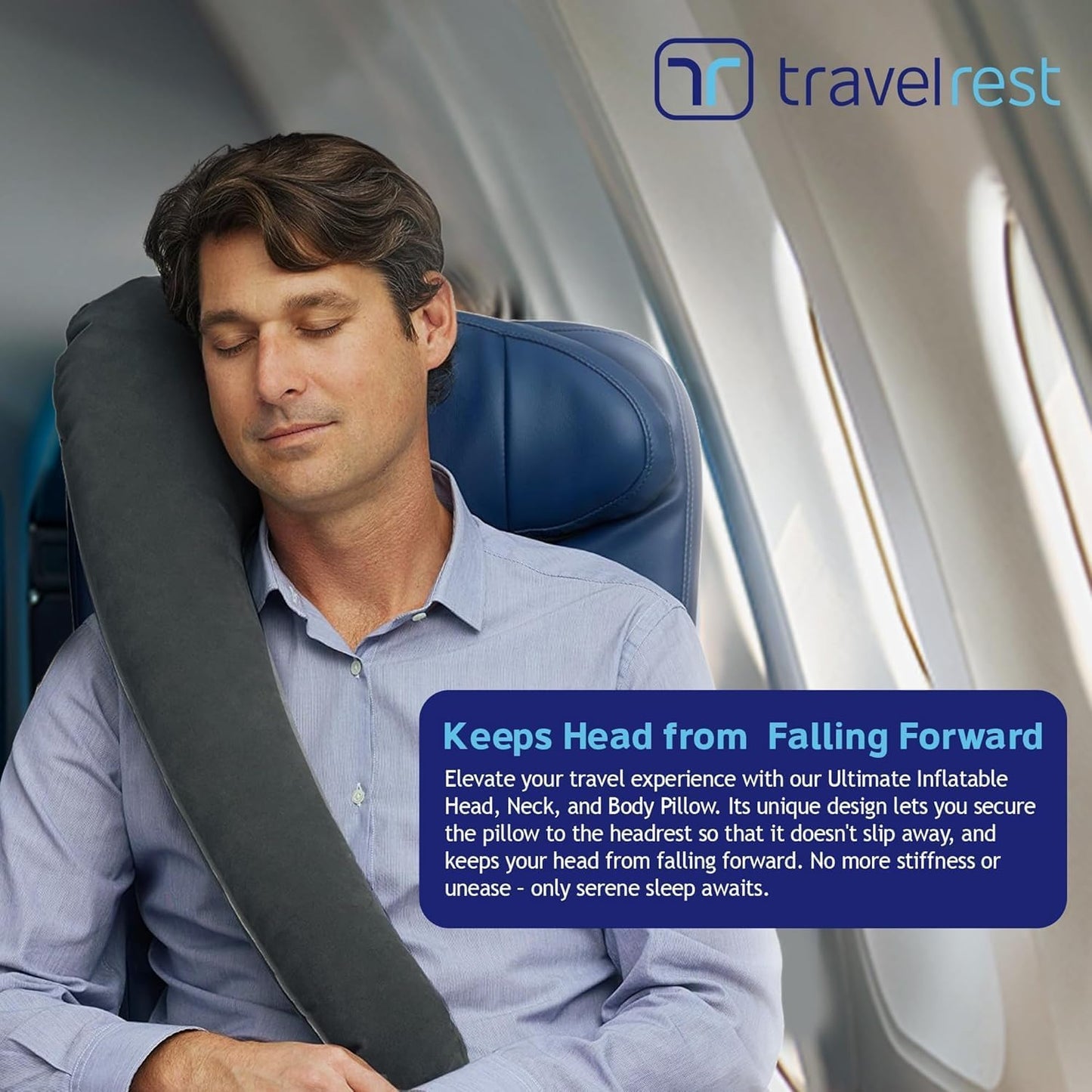 Travelrest Ultimate Travel Pillow for Neck and Body, Airplane and Car Seats, Inflatable Space Saver for Sleeping on Long Flights, Nap on Road Trips, Car and Bus Travel (Grey)