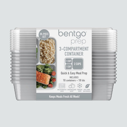 Bentgo Prep 3-Compartment Meal-Prep Containers with Custom-Fit Lids - Microwaveable, Durable, Reusable, BPA-Free, Freezer and Dishwasher Safe Food Storage Containers - 10 Trays & 10 Lids (Silver)