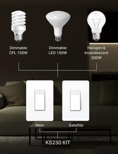 Kasa Smart 3 Way Dimmer Switch KIT, Dimmable Light Switch Compatible with Alexa, Google Assistant and SmartThings, Neutral Wire Needed, 2.4GHz, ETL Certified, No Hub Required, White (KS230 KIT v2)