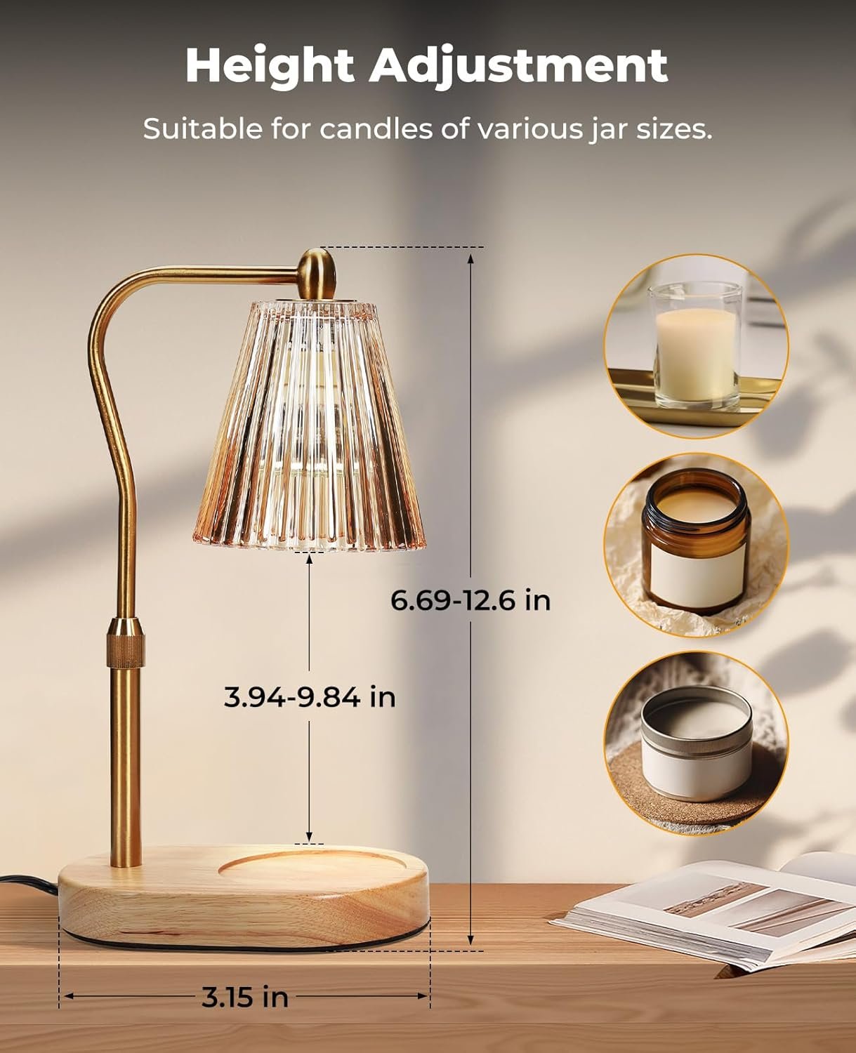 Candle Warmer Lamp, Candle Warmer with Timer and Dimmer, Adjustable Height, Electric Candles Lamps with 2 Bulbs for Scented Jar Candles, Wax Melter Lamp for Home Decor, Room Decor, Gifts for Women/Mom