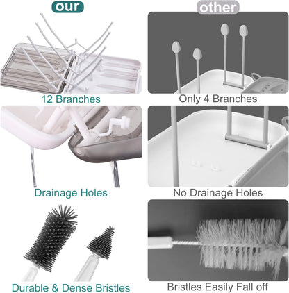 Baby Bottle Brush, 7 in 1 Travel Bottle Cleaner Kit with Soap Dispenser, Bottle Drying Rack, Dishcloths, Portable Essentials for Home and Travel-White