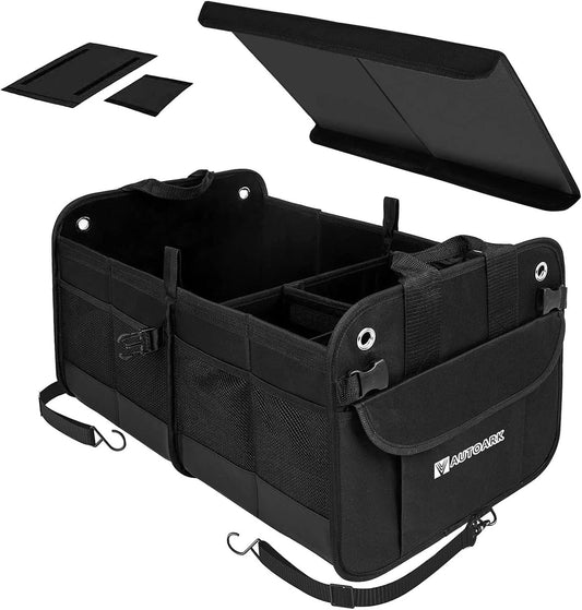 Autoark Multipurpose Car Trunk Organizer with Foldable Lid and Straps,Non-Slip Waterproof Bottom,Durable Collapsible Adjustable Compartments Cargo Storage,Black,AK-102
