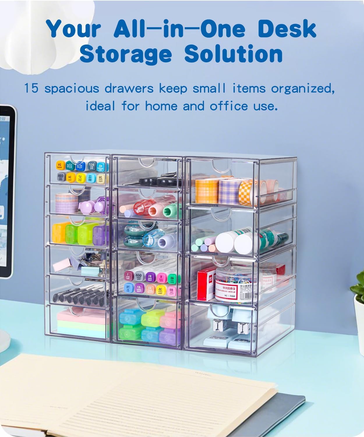 Clear Acrylic Organizer with Drawers | 15-Drawer Desktop Unit | Makeup & Desk Organization and Storage Box for Office, Craft, Vanity Table, Bathroom, Home Essentials