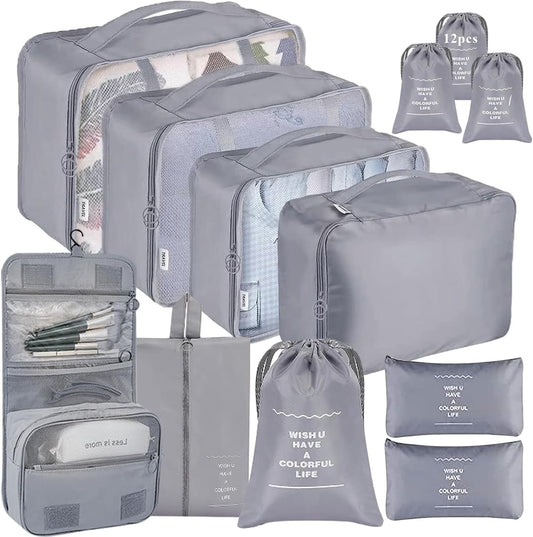 Shrubz 12 Pieces Organizer Suitcases, Packing Cubes, Clothing Underwear Footwear Organizers Sacks Storage Suitcase Set, Organizer for Travel Holidays, Grey