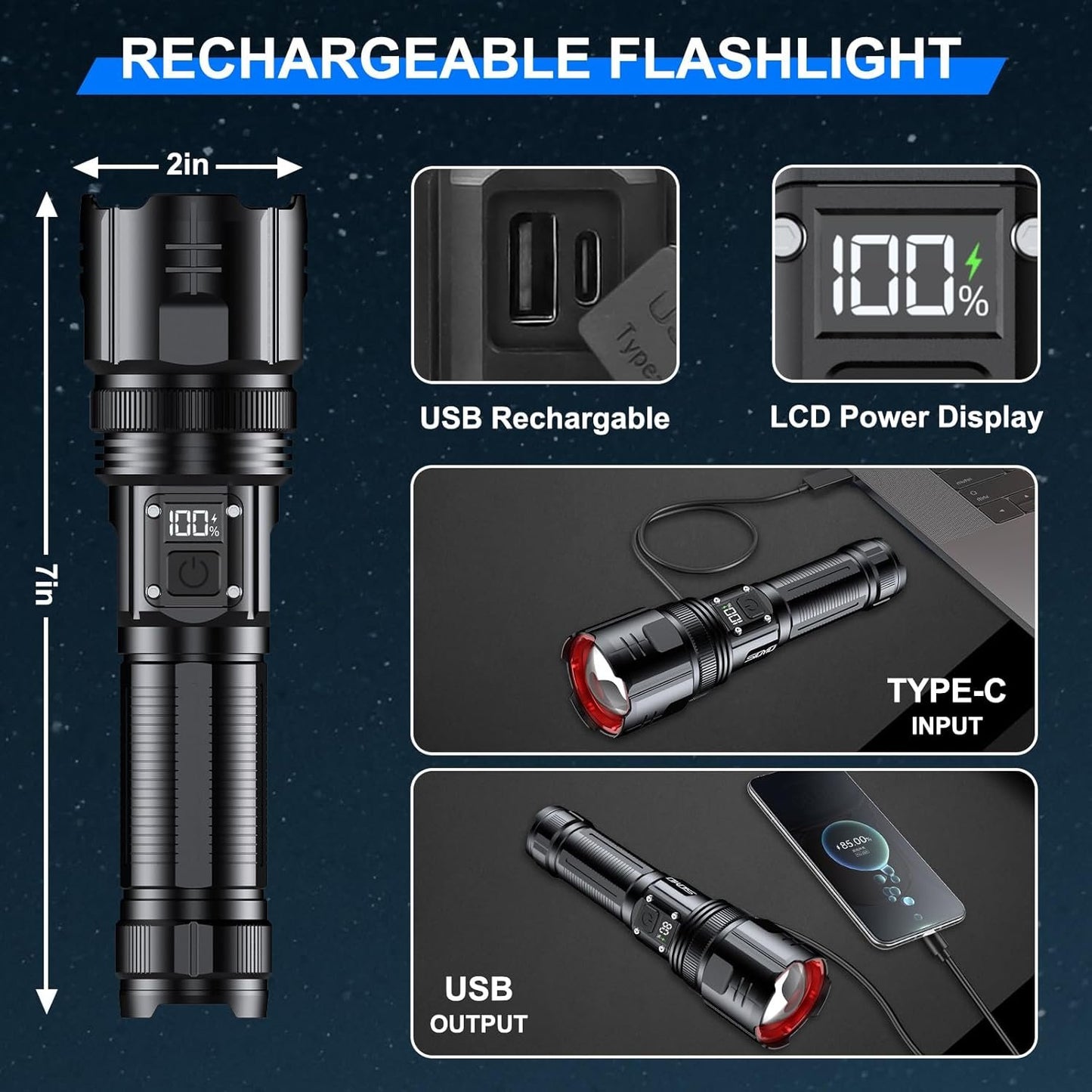 Siuyiu Flashlights High Lumens, 3000 Lumens Rechargeable Flashlight with Digital Power Display, Tactical Flashlight with Zoomable, 4 Modes for Camping, Emergencies and Outdoor