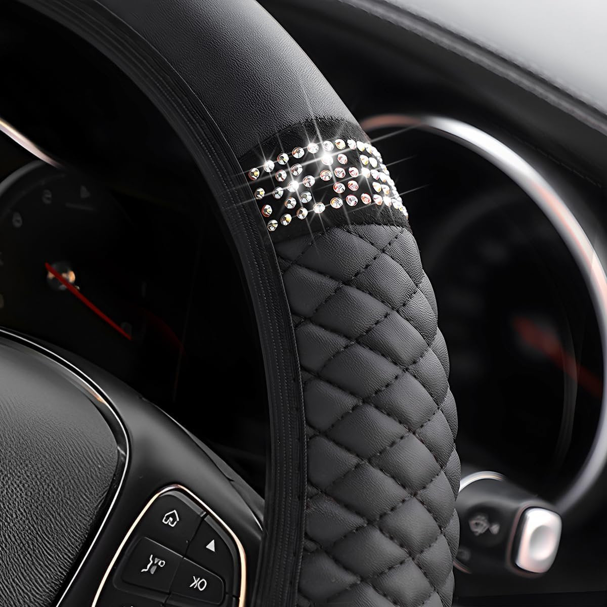 Osilly Bling Car Steering Wheel Cover, 15 Inch Rhinestones Soft Leather Elastic Steering Wheel Protector, Sparkly Crystal Diamond for Women Girls, Car Interior Accessories for Most Cars (Black)