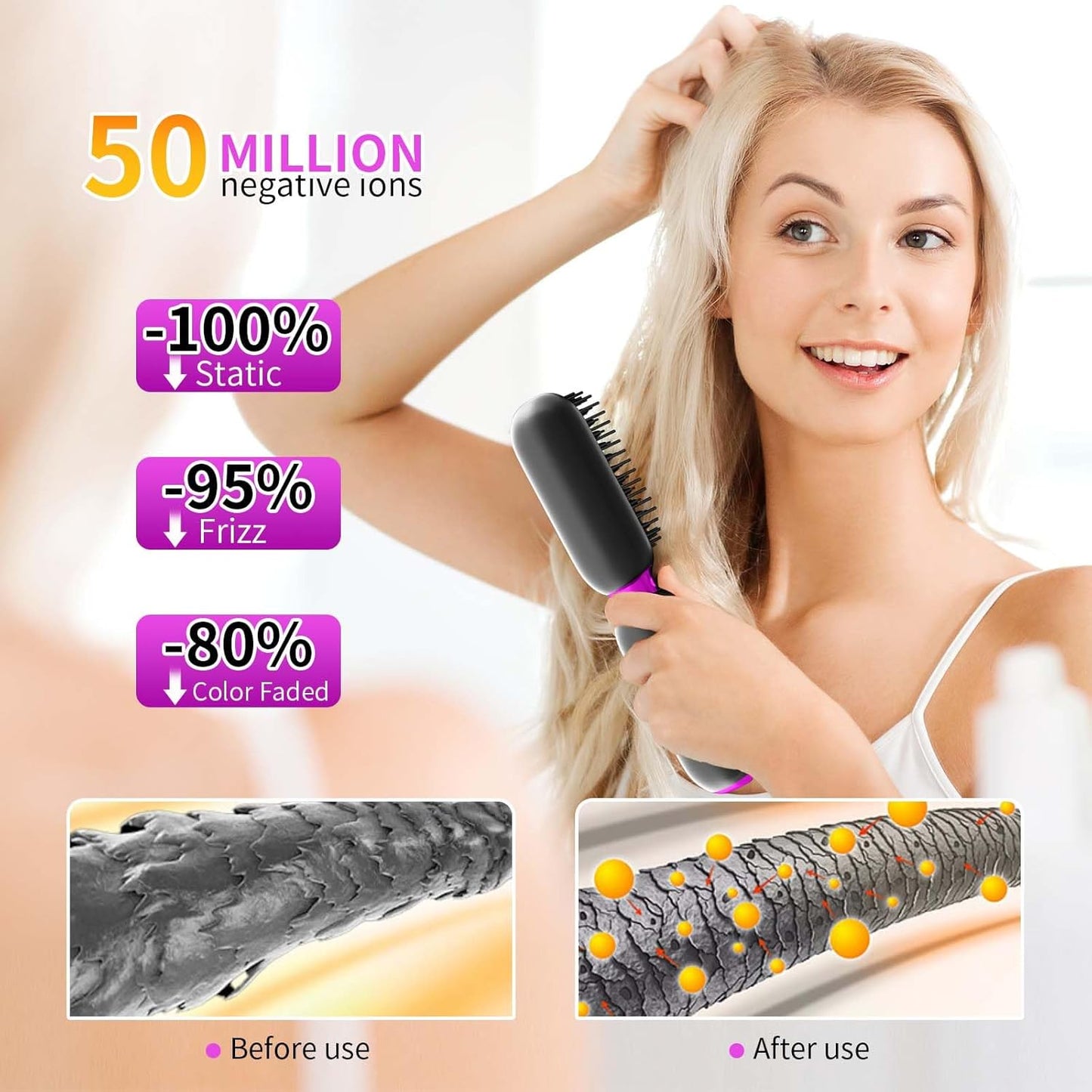 B-Qtech Cordless Hair Straightener Brush, Portable Mini Hair Straightening Brush for Travel, Negative Ion Hot Comb Hair Straightener with Rechargeable 6000 mAh USB-C