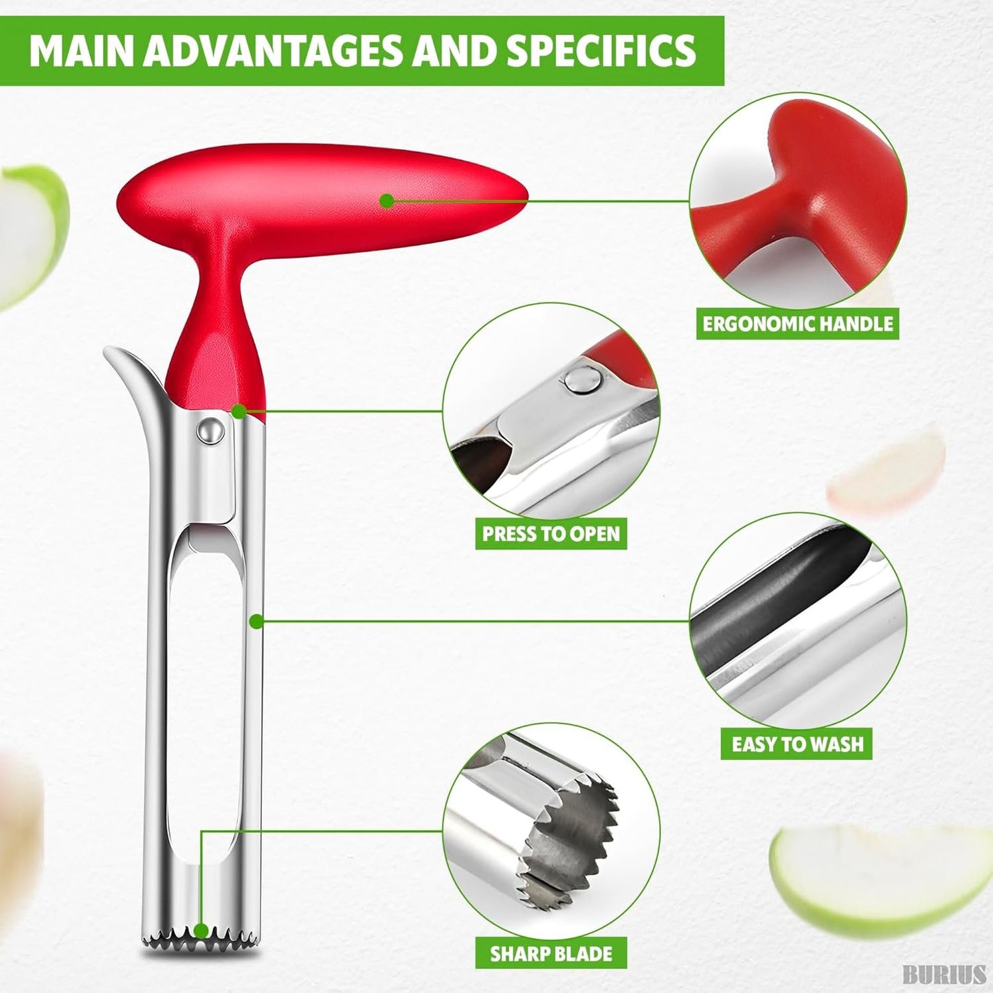Apple Corer Tool â€“ Apple Core Remover with Ergonomic Plastic Red Handle, Durable Food-Safe Stainless Steel, 7.3" Easy to Use and Clean, Corer Tool Kitchen Essential for Fruit And Vegetable Prep