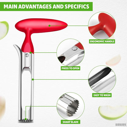 Apple Corer Tool â€“ Apple Core Remover with Ergonomic Plastic Red Handle, Durable Food-Safe Stainless Steel, 7.3" Easy to Use and Clean, Corer Tool Kitchen Essential for Fruit And Vegetable Prep