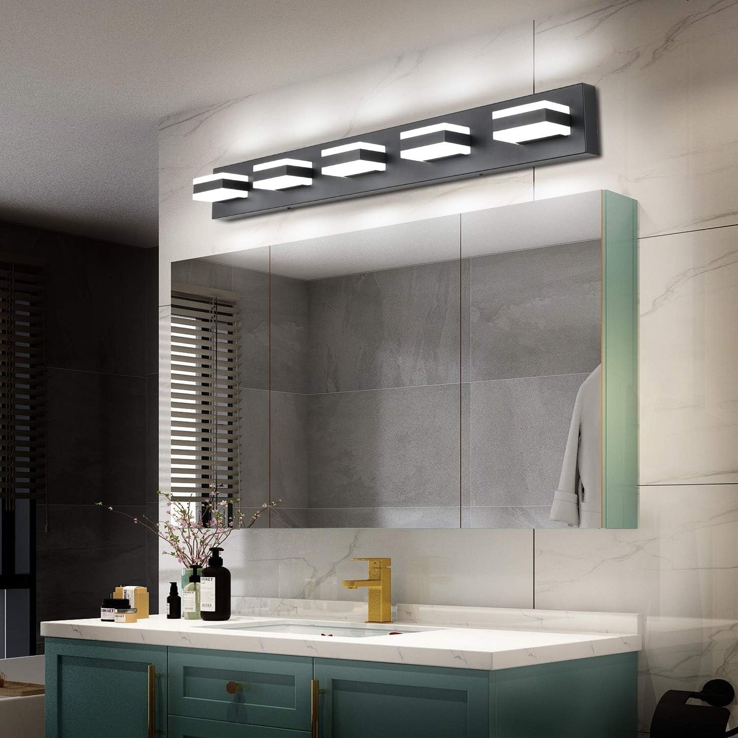 SOLFART Dimmable LED Modern Black Bathroom Vanity Lights Over Mirror 5 Lights Acrylic Bath Wall Lighting S8568 (5 Lights)