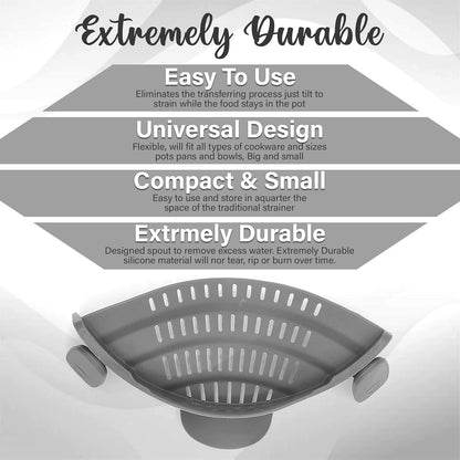Gemsie Strainer and Pasta - Adjustable Silicone Clip On for Pots, Pans, Bowls, Kitchen Gadget, Gadgets Home, Must Haves, Fits All Bowls Pots Grey 9.05''x4.92''x2.63''
