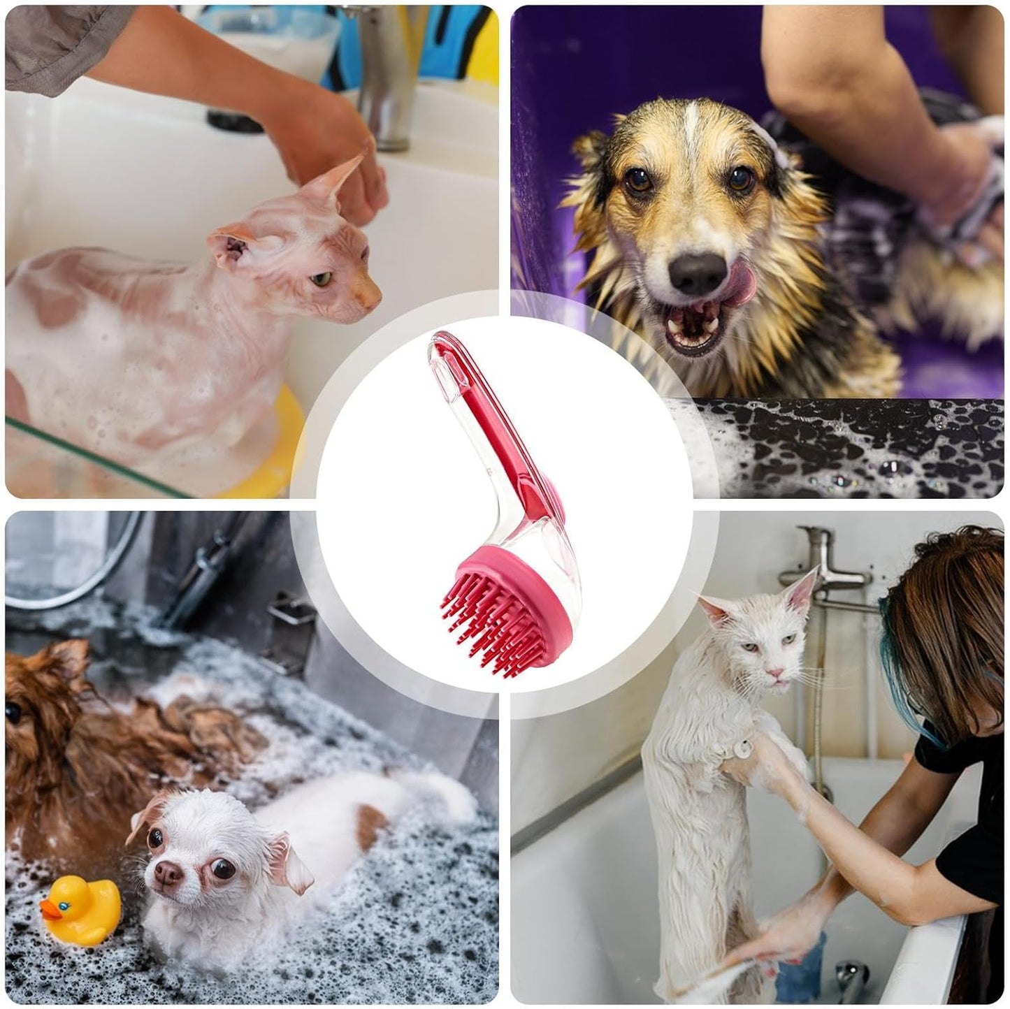 Mimoqk Dog Bath Brush, Silicone Grooming Comb, Pet Massage Cleaner with Shampoo Dispenser, Soft Bristles for Puppy, Kitten, Small Animals, Bathing and Shower Accessory