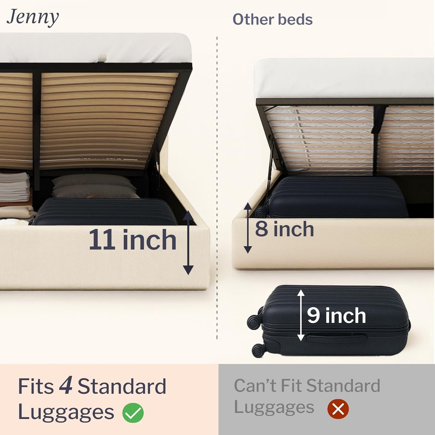 Modern Cream King Size Bed Frame with Storage, Foam Filled Fabric, Modern Wingback Design Bed, Metal Bed Frame with High Headboard, Wood Slat Support, No Box Spring Required (Cream, King Bed)